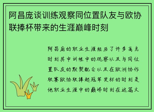 阿昌庞谈训练观察同位置队友与欧协联捧杯带来的生涯巅峰时刻